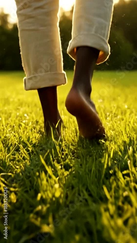 Barefoot stroll on green grass at sunset, close-up of feet walking in nature, enjoying the outdoors.