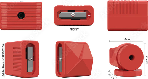 Red Pencil Sharpener Product Design Icon Set with Multiple Views and Dimensions for Stationery and Packaging Illustration