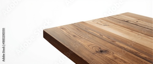 Wooden table corner perspective on white background featuring clipping path for product presentation template