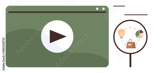 Digital marketing, business strategy, content creation, analytics, video streaming, consumer behavior. Green screen with play button, magnifying glass showing business icons. Video marketing