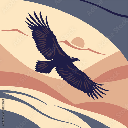 A majestic eagle soars through a vibrant desert landscape at sunset