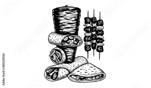 Hand Drawn Barbecue Street Food Sketch Shawarma and Kebab Vintage Ink Vector Design