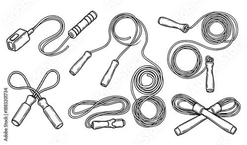 Hand Drawn Jump Rope Set for Cardio Training Flat Black Fitness Vector Illustration