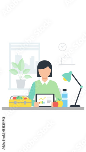 Woman Analyzing Data While Enjoying Healthy Lunch at Workstation, A Modern Office Scene