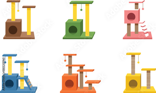 Colorful cat tree and scratching post set with platforms, ladders, and hanging toys