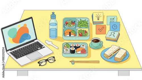 Working Lunch And Refreshments On A Desktop With Accessories And Healthy Foodstuffs
