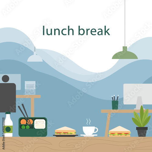 Workplace Lunchtime Scene Featuring Food, Beverages, and Office Elements in Flat Design Style