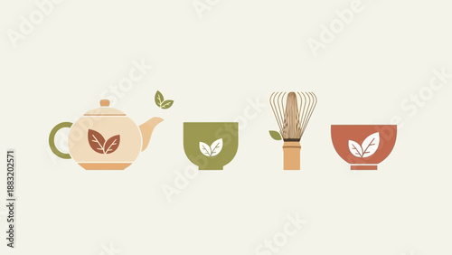 Zen Tea Ceremony Composition With Teapot, Bowls, And Whisk On Light Background