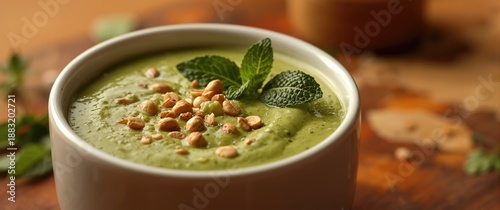 Mint chutney dip served in a white bowl