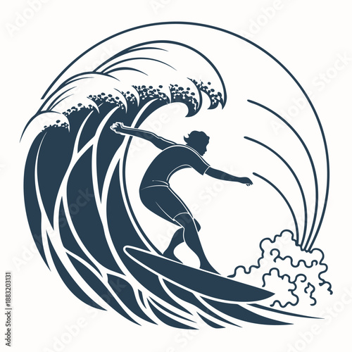 A surfer rides a large wave with skill and balance.