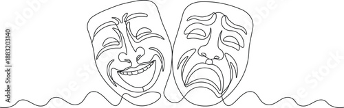 Continuous Line Illustration of Comedy and Tragedy Theater Masks. Minimalist One Line Art Symbol of Drama, Emotion, and Performing Arts