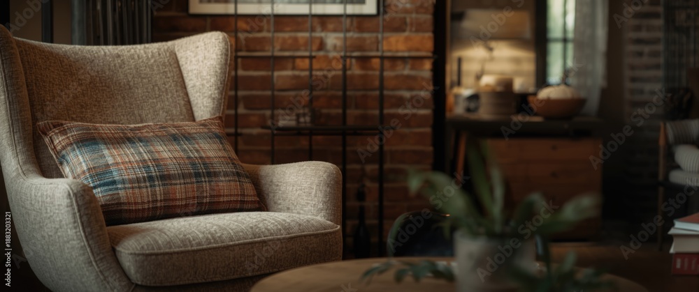 Fototapeta premium Cozy armchair featuring pillow and plaid near a brown brick wall inside a room