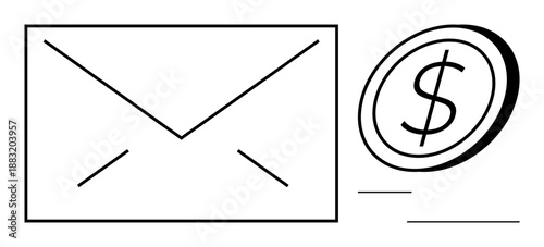 Financial services, communication, email marketing, e-commerce, online business, payment processing. Black outline of an envelope and a dollar coin. Financial services and communication theme