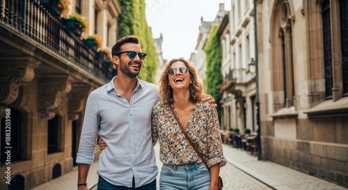 Joyful couple exploring city streets urban setting photography bright environment candid viewpoint adventure