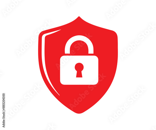 Foto Bright red shield icon featuring an open white padlock symbolizing critical system access or security breach, isolated on white