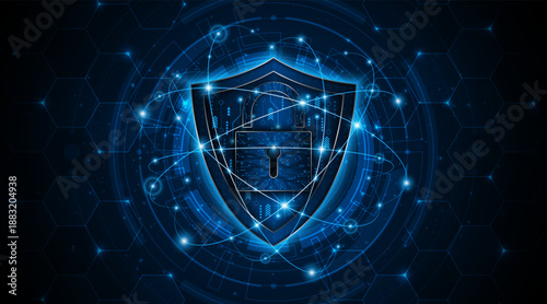 Abstract technology circuit board background. Cyber ​​security concept with shield symbol and lock. Data protection and cyber privacy. modern security technology innovation concept background