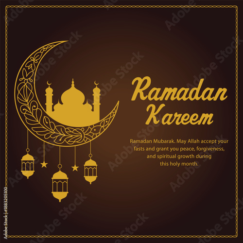 Ramadan Kareem greeting card with mosque and crescent moon