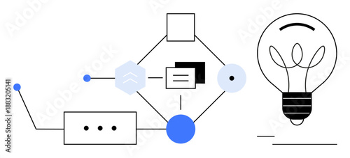 Workflow optimization, creative thinking, innovation, technology processes, business ideas, analytics. Abstract flowchart elements interconnected on one side, a light bulb on the other. s workflow
