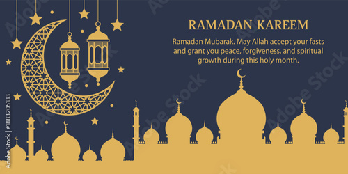 Ramadan Kareem greeting card with mosque silhouette and crescent moon