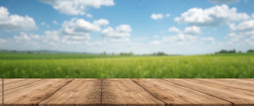 Naklejka premium Blurry green landscape and blue sky with clouds, wooden table surface visible