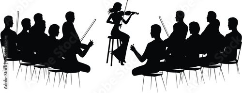 Black silhouette of a female violinist performing on stage for an audience of seated musicians isolated on white background for concert