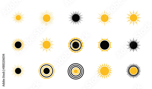 Minimal sun icons yellow and black flat vector illustration set isolated on transparent background
