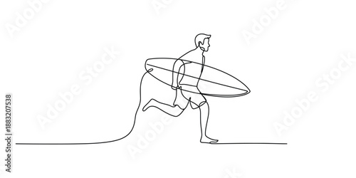 Continuous line drawing of a surfer running with a surfboard to catch the perfect wave
