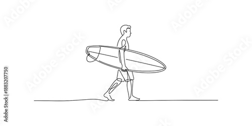 Minimalist continuous line drawing of a surfer walking while carrying a surfboard