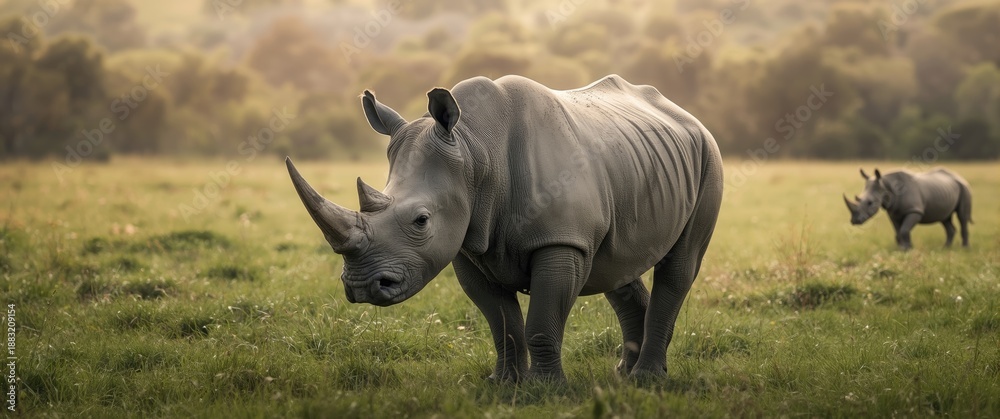 Obraz premium Ceratotherium simum, the White rhinoceros or White Rhino, with prominent horn in Cabarceno Natural Park
