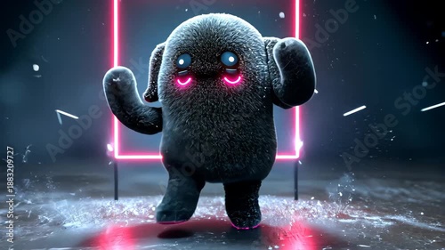 Cute 3D Animated Furry Creature in Neon Lights with Vibrant Colors and Playful Design