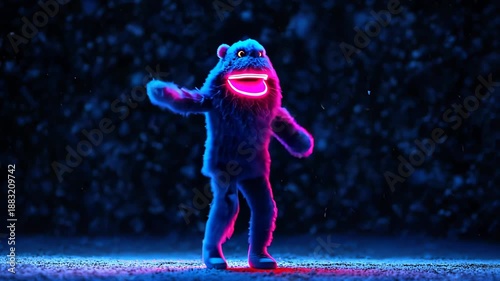 Furry Character Neon Light: Animated Creature with Vibrant Colors & Whimsical Design in 3D Illustration