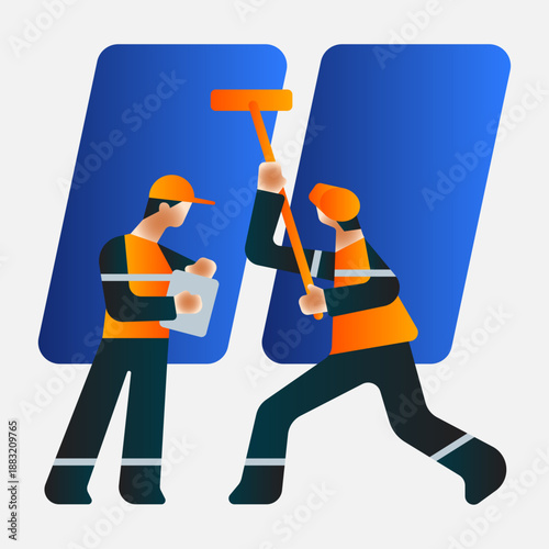 Workers in safety vests maintaining solar panels with teamwork and precision.