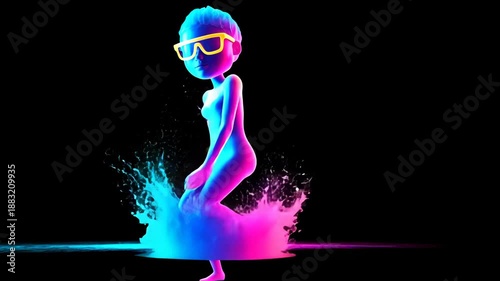Dynamic Animated Character Dancing in Vibrant Colors with Neon Lights and Water Splash in Modern Digital Art Design
