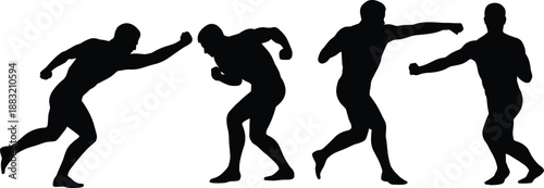 Black silhouettes of male boxers and fighters in various punching and defensive poses isolated on white background for sports