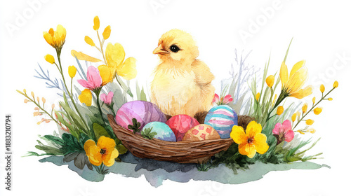A fluffy yellow chick sits in a nest filled with vibrant, multicolored Easter eggs. The nest is surrounded by blooming yellow and pink flowers, creating a cheerful watercolor scene. Generative AI