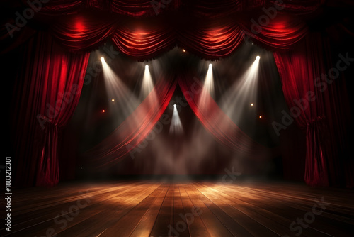 Vintage circus stage with red curtain, carnival lights, and spotlight in a 3D cartoon style