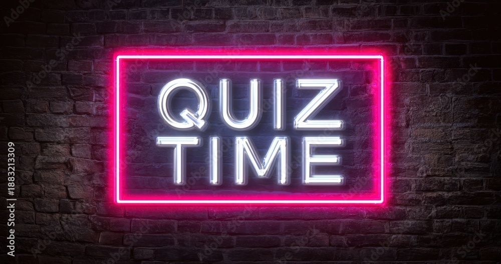 Obraz premium The Quiz Time neon sign glowing brightly against a moody textured brick wall backdrop