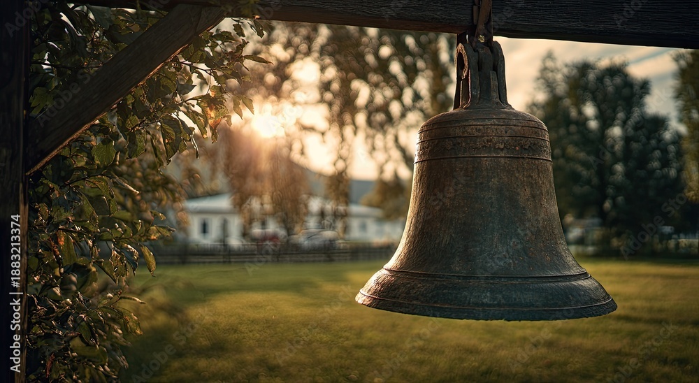 Obraz premium Close-up of a weathered bell hanging from a wooden frame, sunlight illuminating background