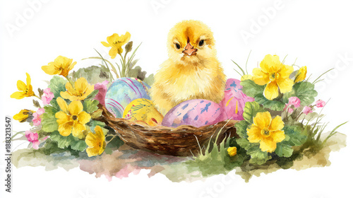 A fluffy yellow chick sits in a nest with colorful Easter eggs, surrounded by bright yellow and pink spring flowers in a beautiful watercolor illustration. Generative AI