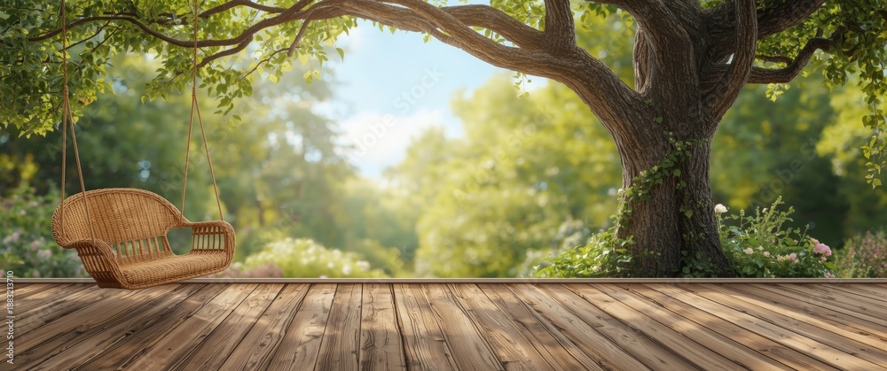 Fototapeta premium Old wooden terrace with a wicker swing suspended from a tree, set against a blurry nature backdrop