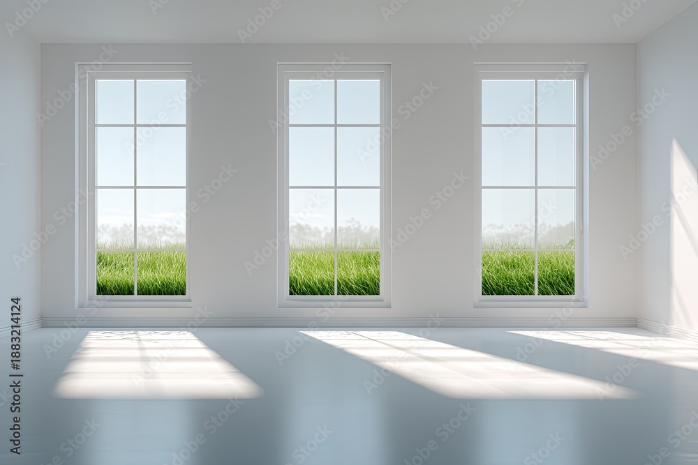 Fototapeta premium A bright, white room with three tall windows overlooking a vibrant green field. Sunlight streams in