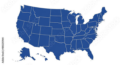 Outline map of United States with state borders in blue color  