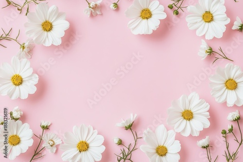 A delicate arrangement of white flowers on a soft pink background, creating a fresh and inviting floral frame.