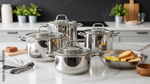 Modern stainless steel cookware set on a clean kitchen counter