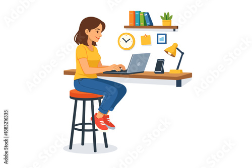 Woman working on laptop at high desk with stool