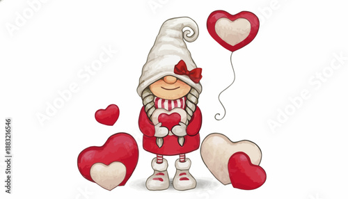 Charming illustration of a delightful gnome character holding a heart-shaped balloon, surrounded by other decorative heart symbols, perfect for Valentine's Day or love-themed designs