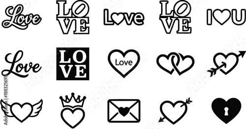 Collection of Love Icons including hearts, envelopes, and romantic text for design