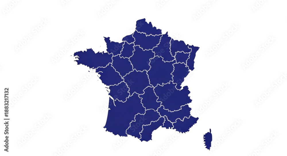 Fototapeta premium Silhouette map of France with outlined regions in blue 