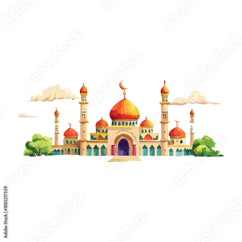A vector illustration of the Taj Mahal in Agra India featuring a majestic dome and minaret as a famous architectural landmark and cultural symbol for travel and tourism