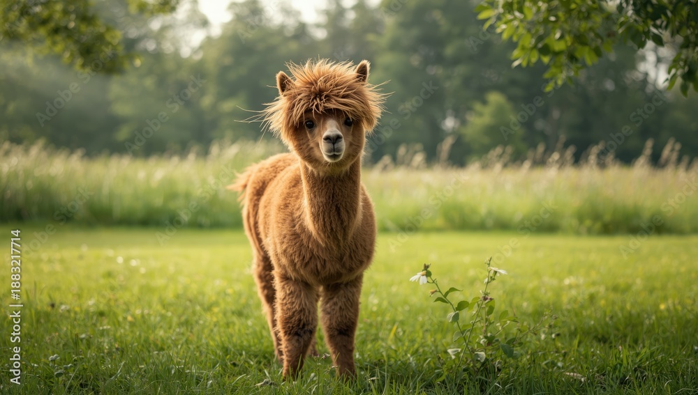 Naklejka premium Brown alpaca relaxing outdoors, highlighting livestock health and grooming, World Animal Day